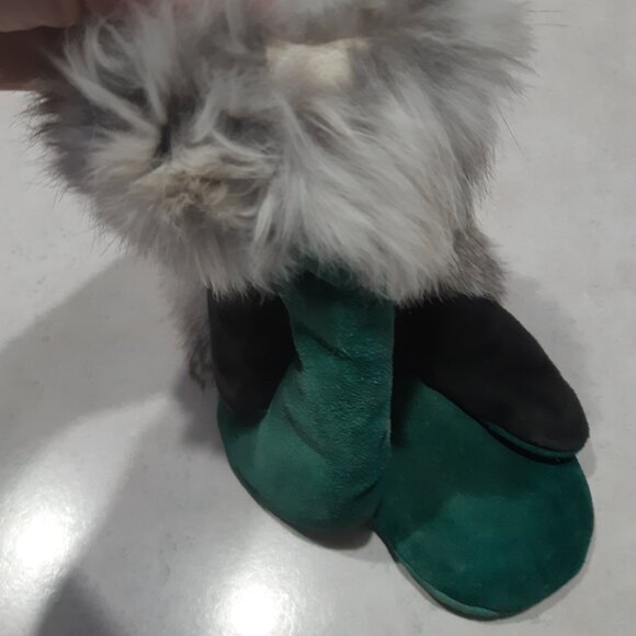 Children's Leather and Real Fur mittens - green leather - Picture 5 of 11